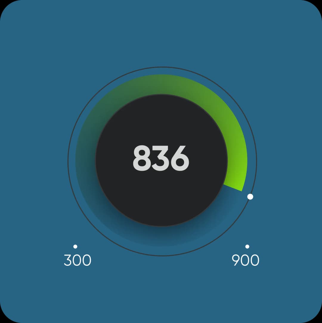 Credit score gauge showing 836 out of 900